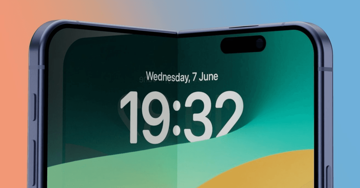 iPhone Fold 主螢幕示意圖,展示摺疊螢幕與螢幕下鏡頭設計