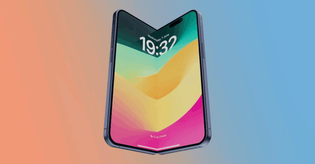 iPhone Fold 展開狀態示意圖,顯示彩色大尺寸主螢幕畫面