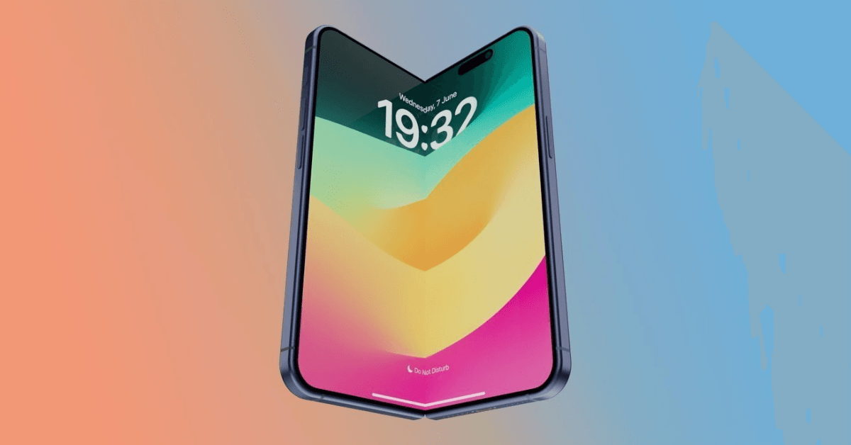 iPhone Fold 展開狀態示意圖，顯示彩色大尺寸主螢幕畫面