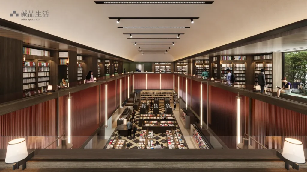 誠品生活台南|挑高10米雙層書店閱讀殿堂優雅壯闊,沉穩木質調設計,展現誠品經典場所精神。(圖為3D模擬示意圖)
