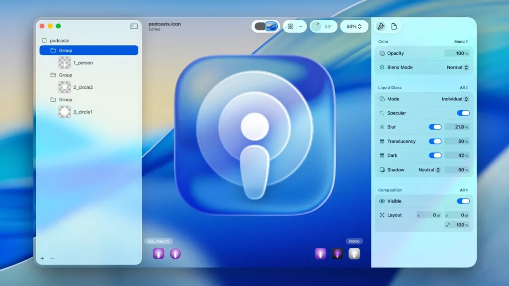 Liquid Glass 時代開啟:Apple 全系列介面與體驗的全面進化 1 Icon Composer 讓開發者得以打造跨平台 Liquid Glass 圖示,無論深色、淺色或透明外觀,都能呈現優美算繪效果。