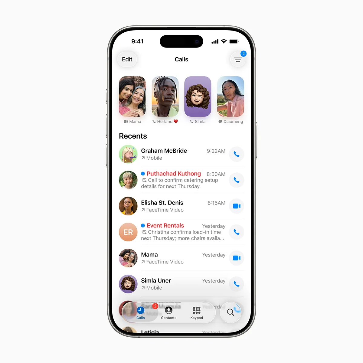 iOS 26 功能解析:Apple Intelligence 來襲,iPhone 進入 AI 個人時代 2 「電話」app 現在具備統整的版面,將「常用聯絡人」、「通話記錄」和「語音信箱」整合在一處。